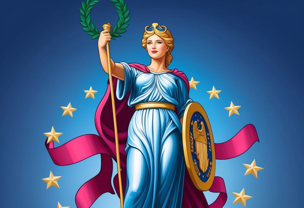 Lady Columbia stands tall, holding a laurel wreath and shield, symbolizing liberty and justice.</p><p>She is surrounded by stars and a strong, patriotic presence