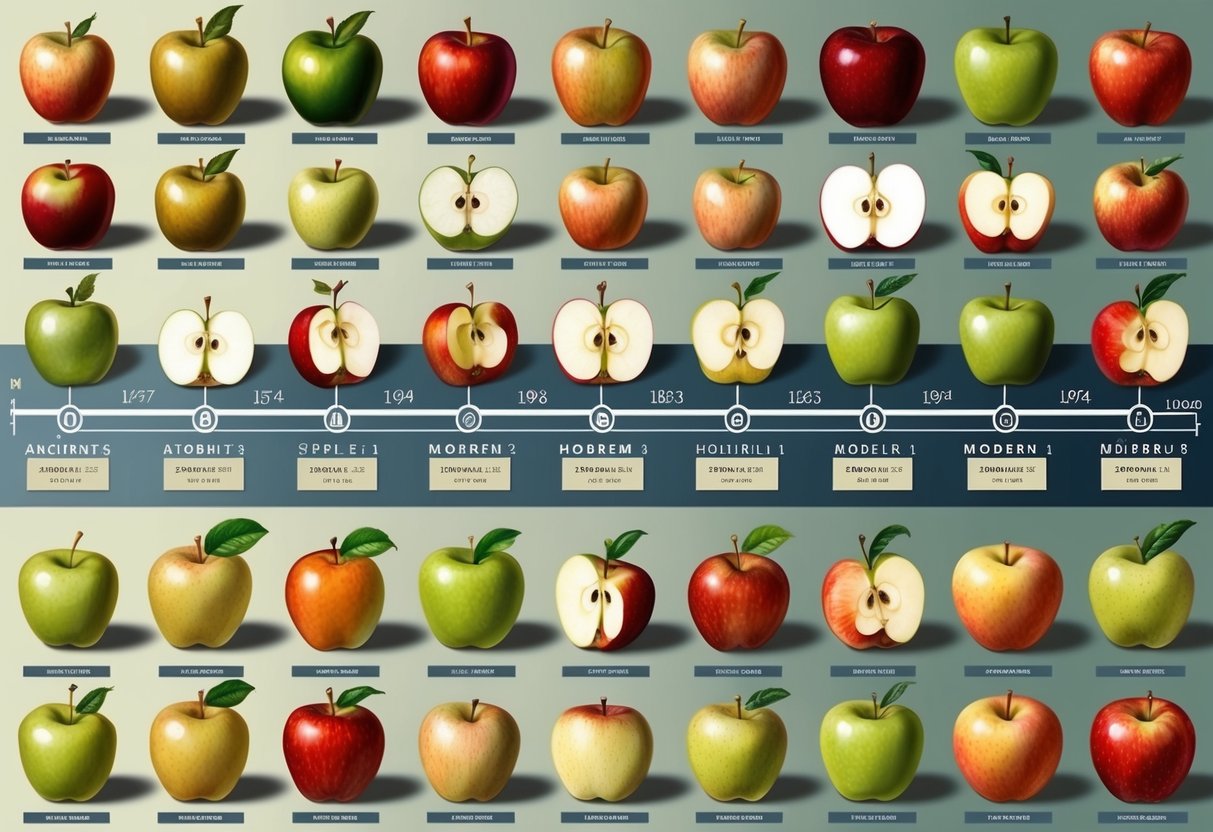 A variety of apples arranged in a timeline, from ancient to modern, with labels indicating their historical significance