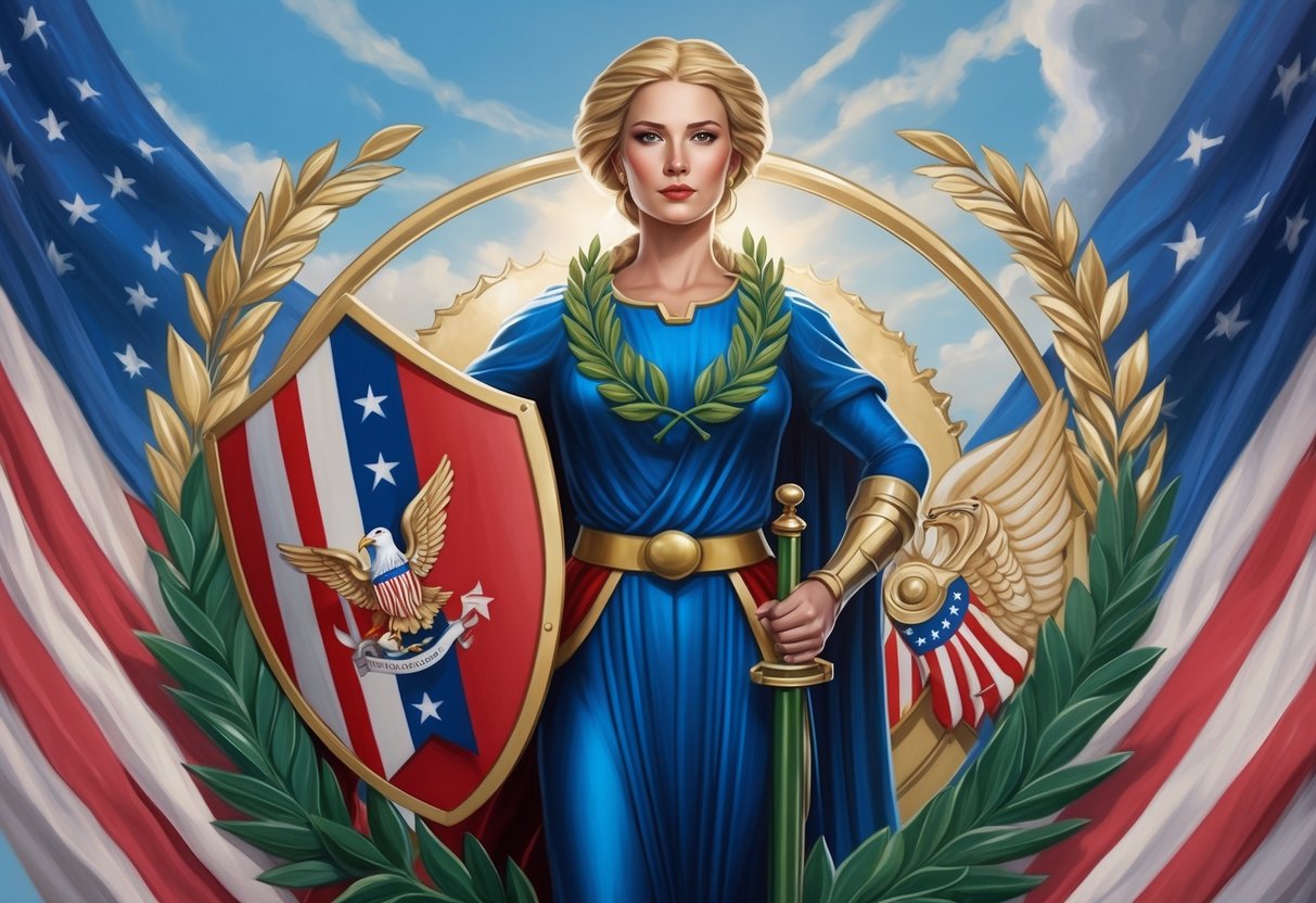 Lady Columbia stands proudly, holding a laurel wreath and a shield, surrounded by symbols of freedom and democracy