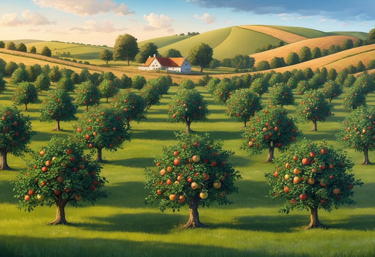 A sprawling orchard with ancient apple trees, surrounded by rolling hills and a quaint farmhouse, symbolizing the cultural significance and rich history of apples