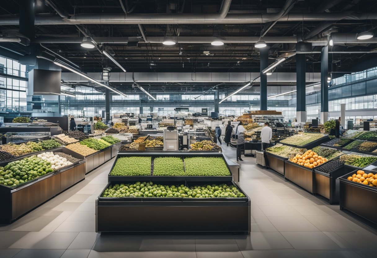 A panoramic view of a diverse market landscape with various industries, competitors, and potential opportunities for business development