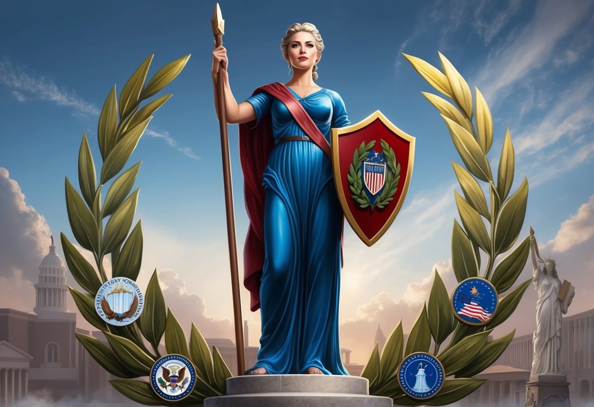 Lady Columbia stands tall, holding a shield and laurel wreath, surrounded by symbols of justice, freedom, and democracy