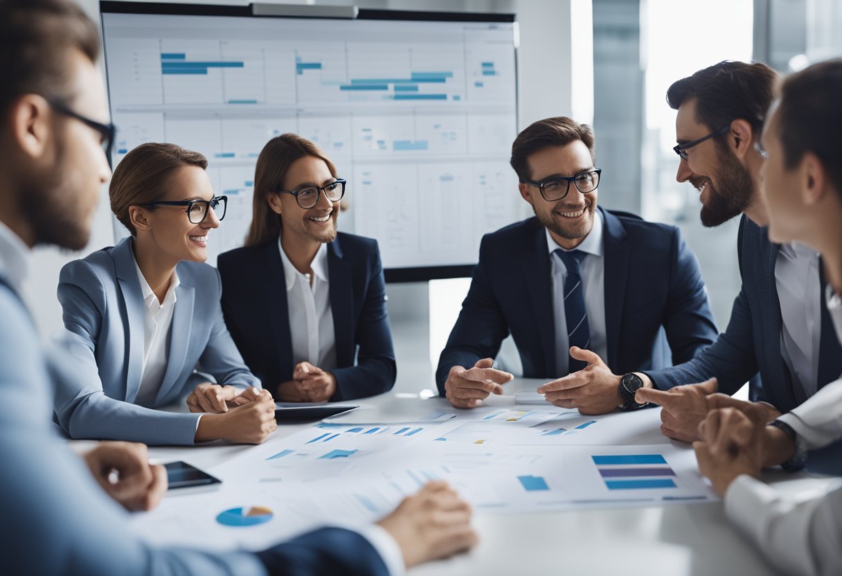 A group of business professionals brainstorming ideas on a whiteboard, surrounded by charts, graphs, and strategic planning documents