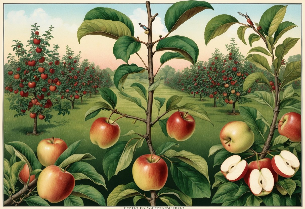 A vintage apple orchard with various propagation techniques demonstrated through grafting and budding