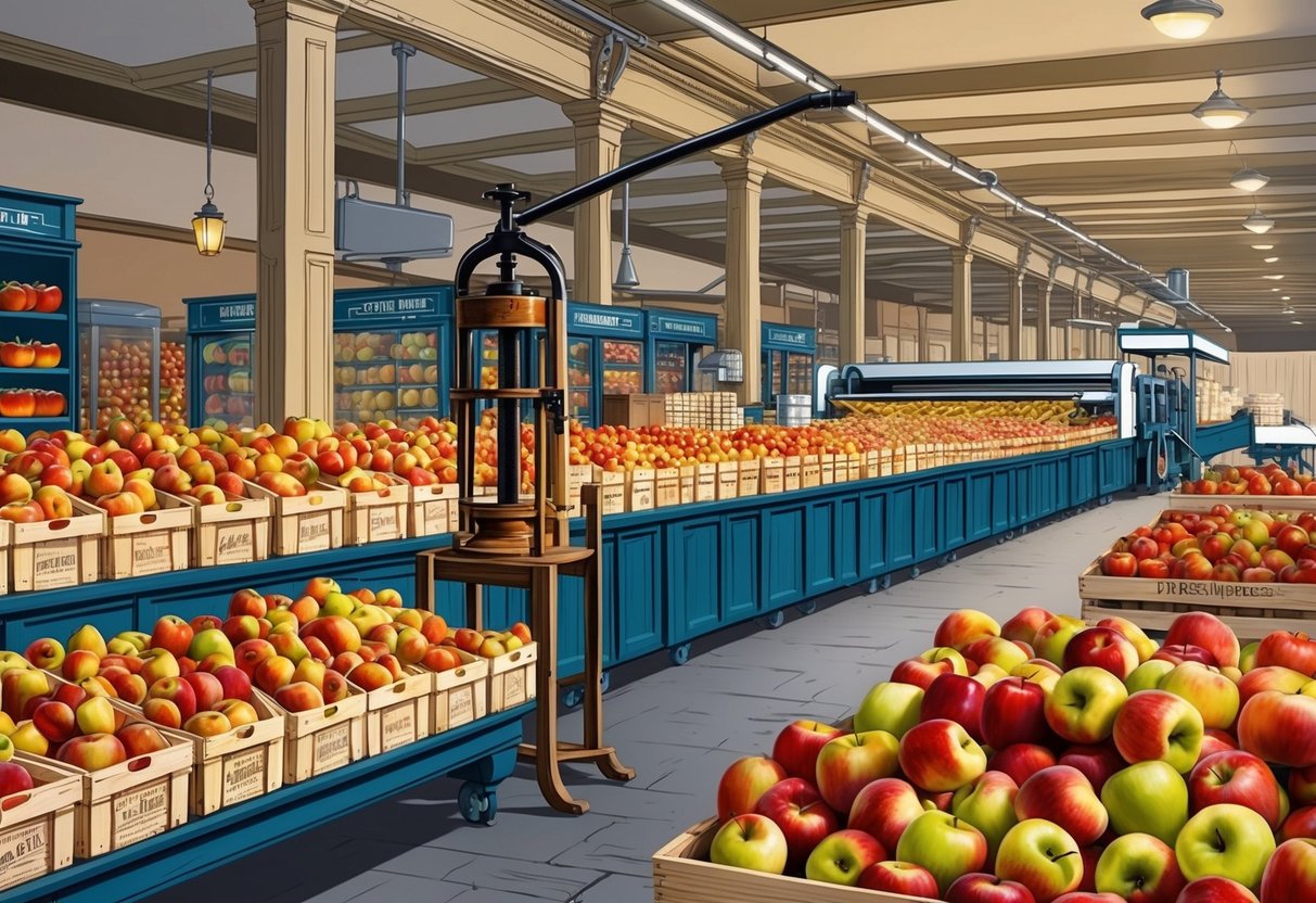 A bustling market with crates of apples, a vintage apple press, and a modern apple packaging line