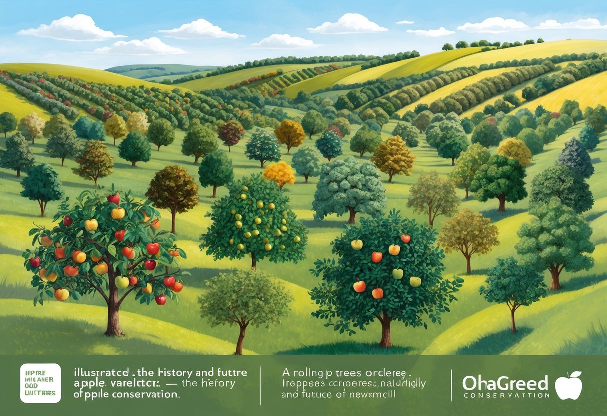 A diverse orchard of apple trees spanning across rolling hills, with a mix of old and new varieties, showcasing the history and future of apple conservation