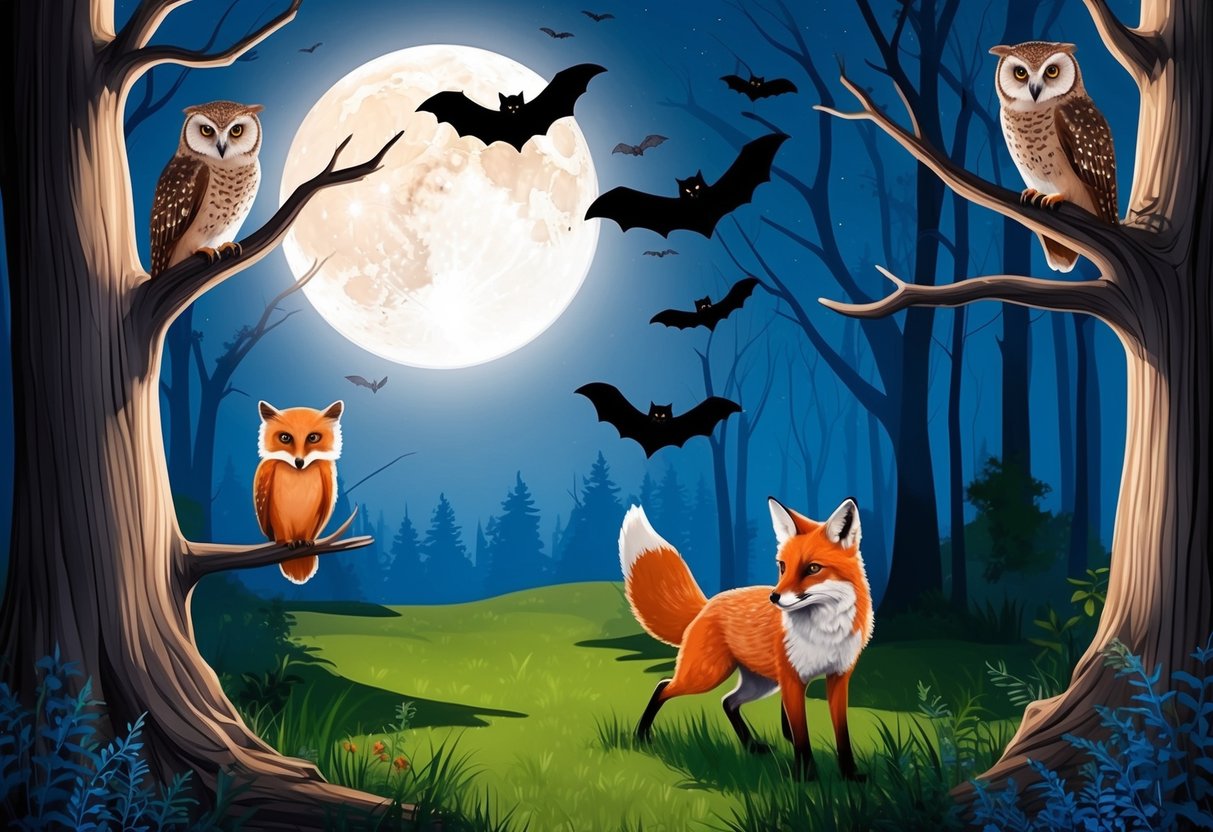 A moonlit forest with owls perched on branches, bats flying overhead, and a fox prowling through the shadows