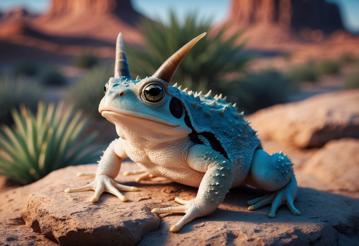 A horned toad perched on rocky desert terrain, blending in with its surroundings, with its unique spiky skin and prominent horns