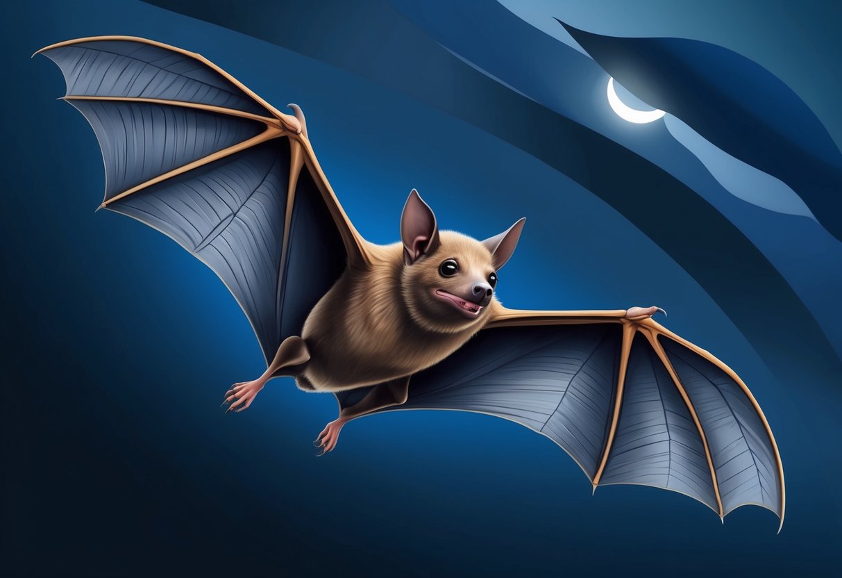 A bat swoops through the dark, using echolocation to navigate and catch insects.</p><p>Its wings are outstretched, revealing the intricate structure of its bones and muscles