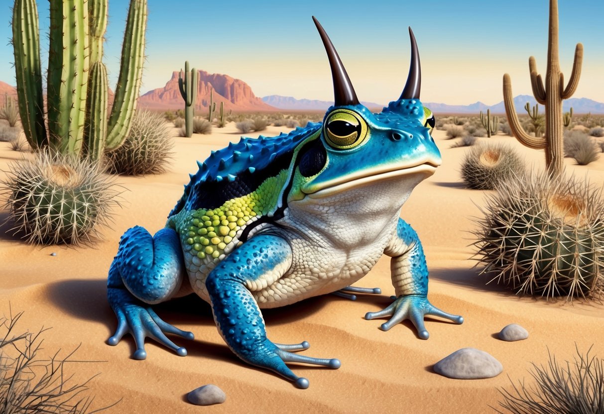 A horned toad perched on desert sand, surrounded by prickly cacti and dry shrubs