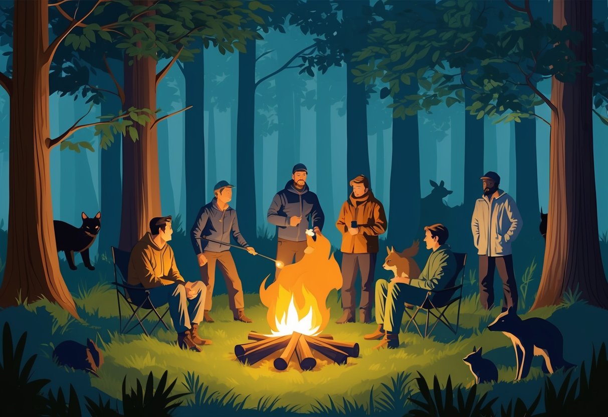 A group of people set up a campfire in the woods, casting a warm glow on the surrounding trees as nocturnal animals cautiously observe from the shadows