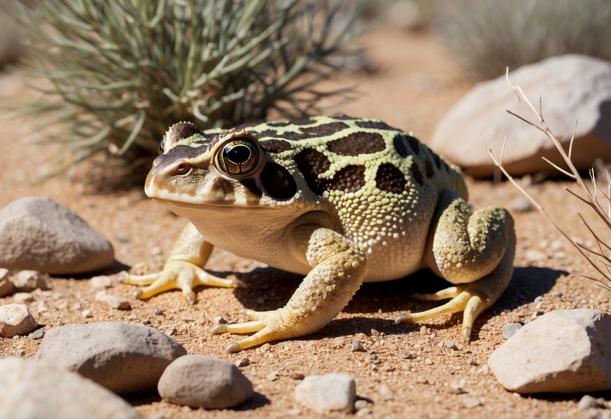 A horned toad camouflaged among desert rocks and dry brush