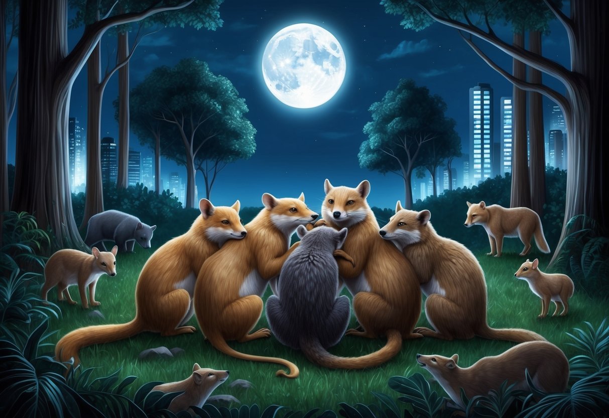 A group of nocturnal animals huddle together in a moonlit forest, surrounded by encroaching deforestation and bright city lights