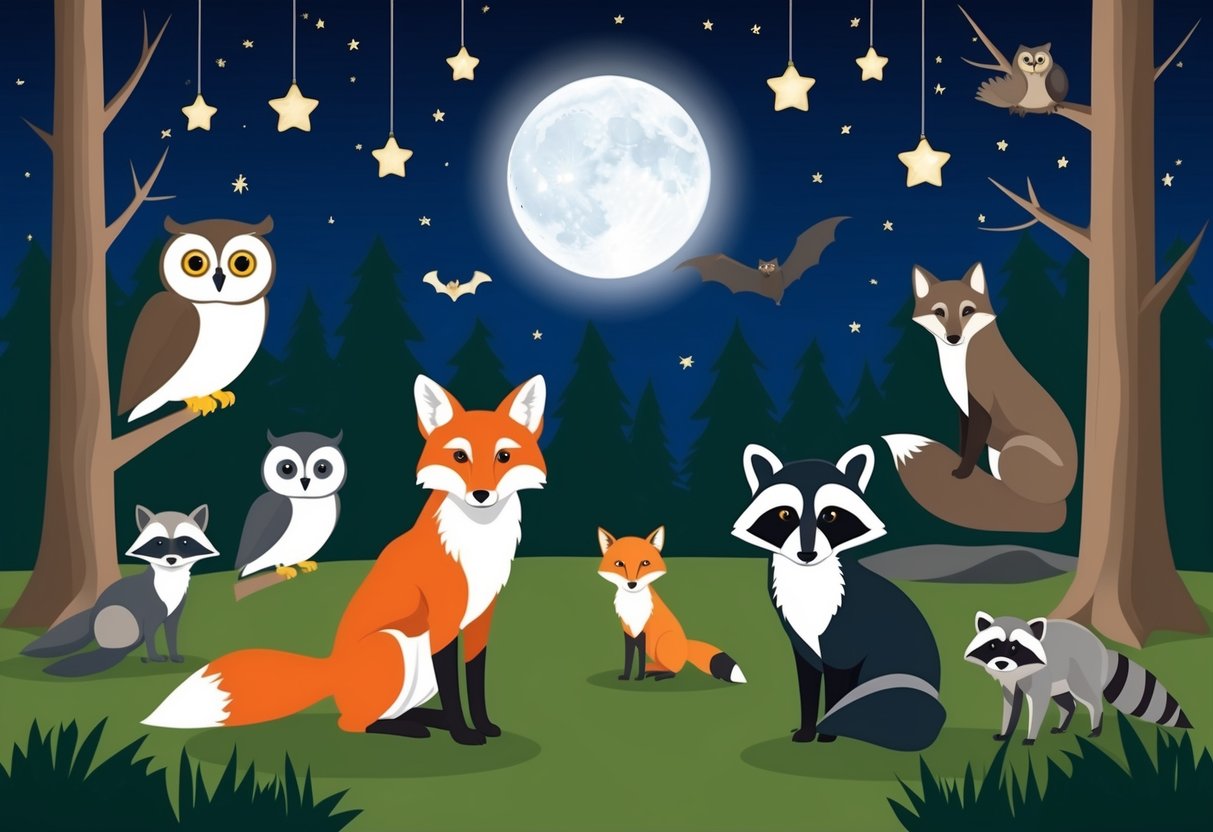 A moonlit forest with various nocturnal animals: owls, foxes, bats, and raccoons.</p><p>Stars twinkle above, casting shadows on the forest floor