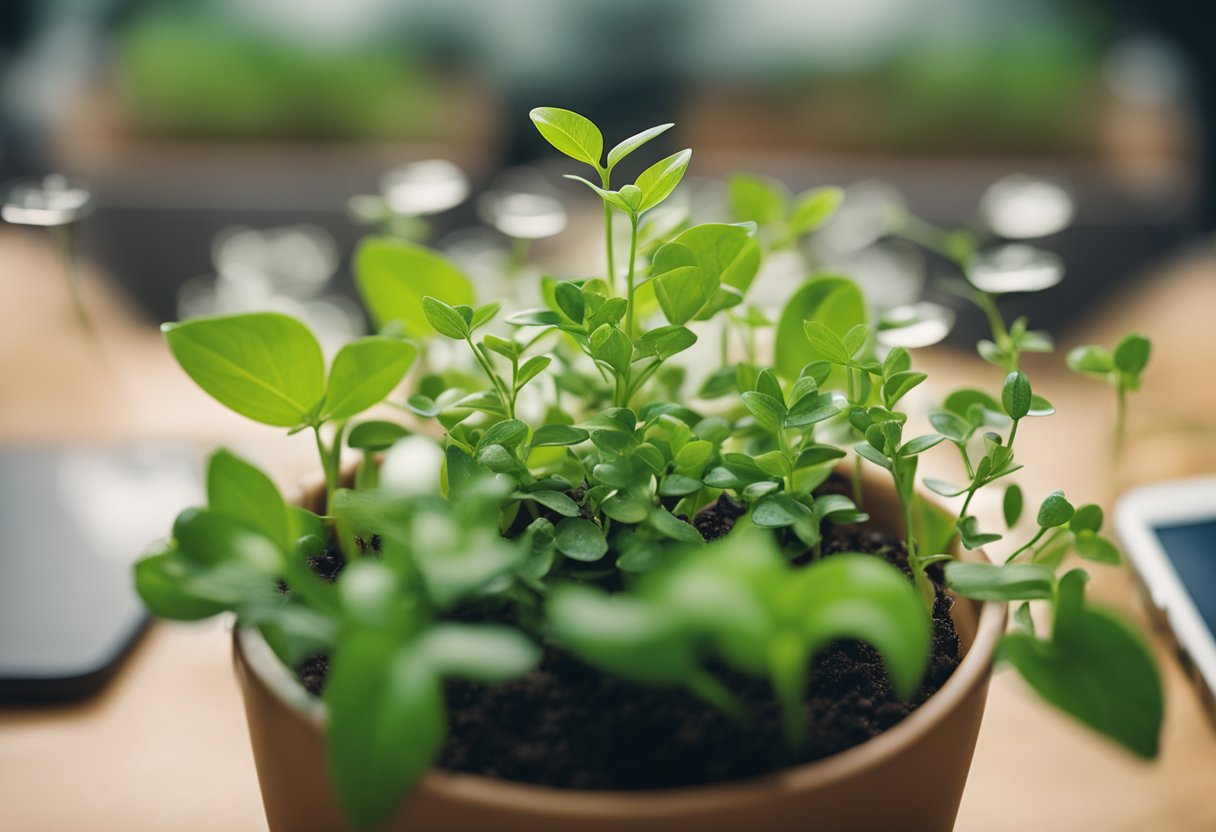 A lush green plant sprouting from a soil-filled pot, surrounded by various social media icons and symbols