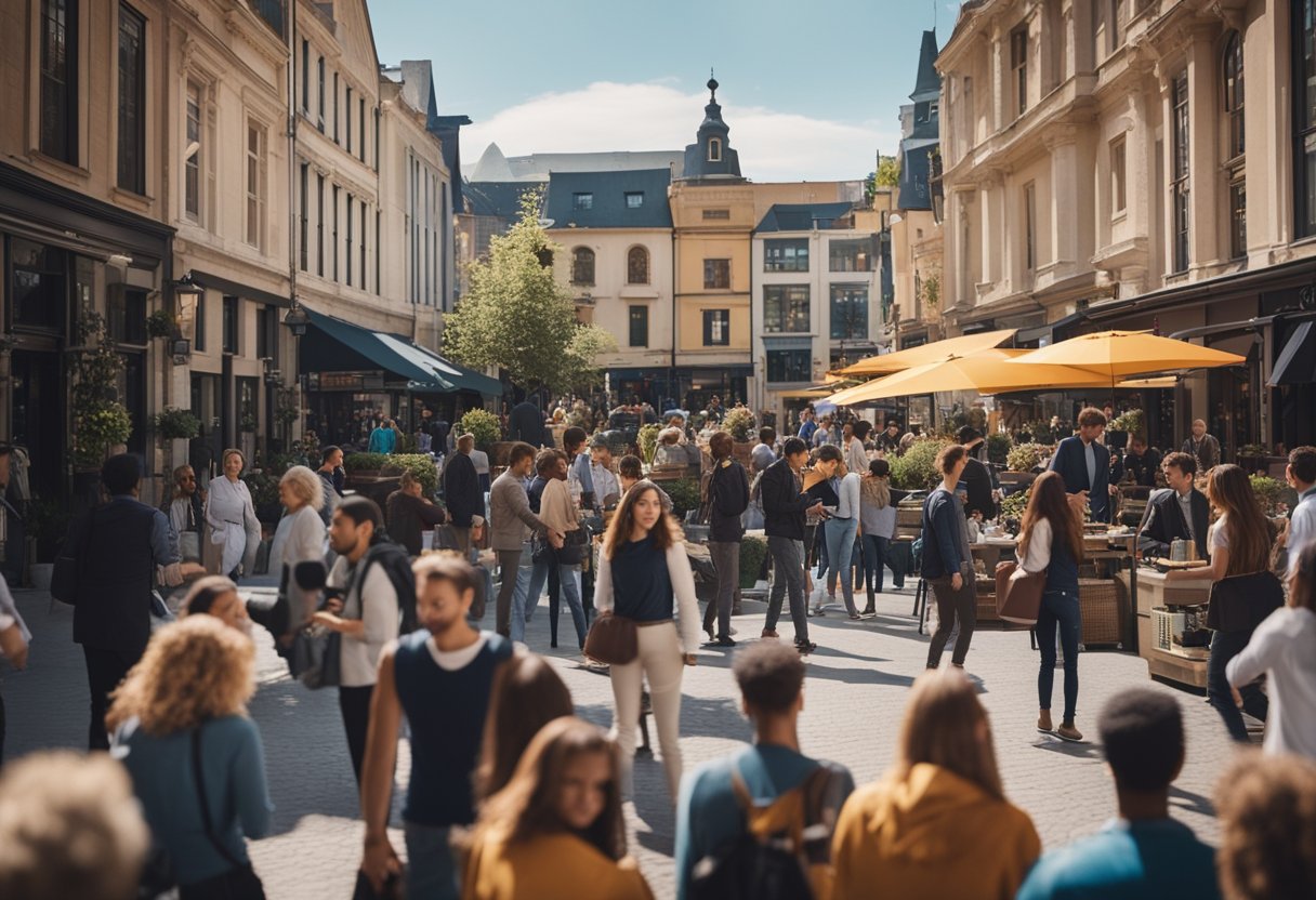 A bustling town square with diverse people engaging in lively conversations, surrounded by vibrant businesses and social media icons