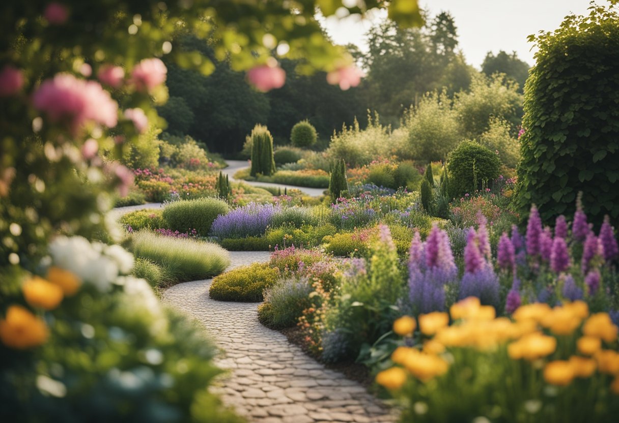 A vibrant garden with a variety of flowers and plants, with a winding path leading to a distant horizon, symbolizing organic growth and expansion