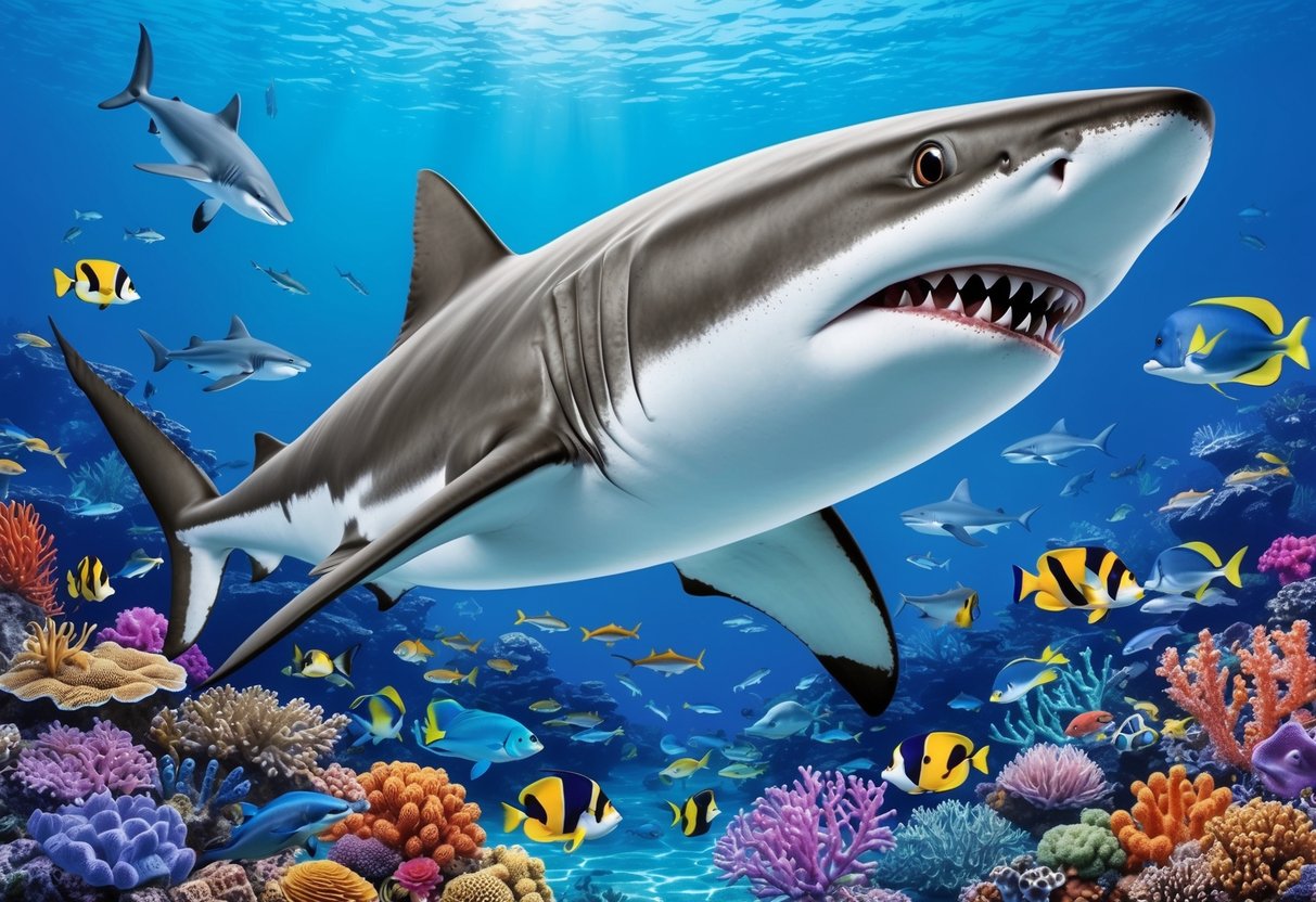 The oldest shark swims gracefully through a vibrant coral reef, surrounded by a variety of marine life