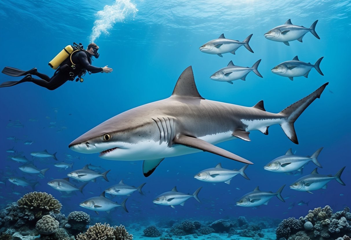 A diver observes the oldest shark swimming gracefully among a school of fish in the crystal-clear waters of the ocean