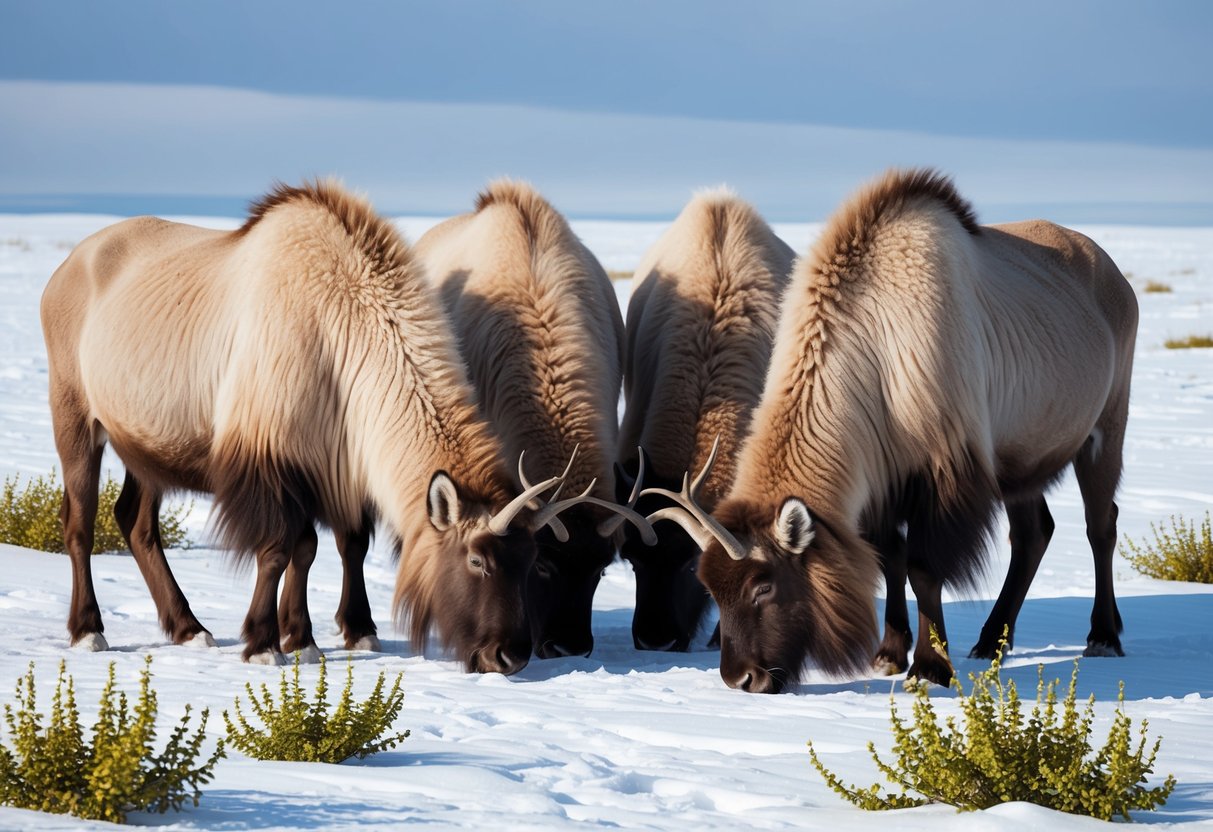 A herd of muskoxen huddle together on a snowy tundra, their thick fur protecting them from the biting cold as they graze on hardy Arctic plants