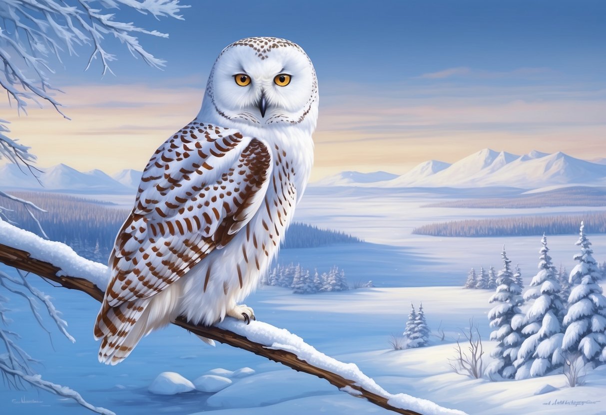 A snowy owl perches on an icy branch, surrounded by a landscape of snow-covered tundra and distant mountains