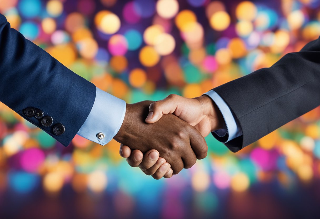A small business owner shaking hands with another business owner in front of a colorful backdrop, exchanging business cards
