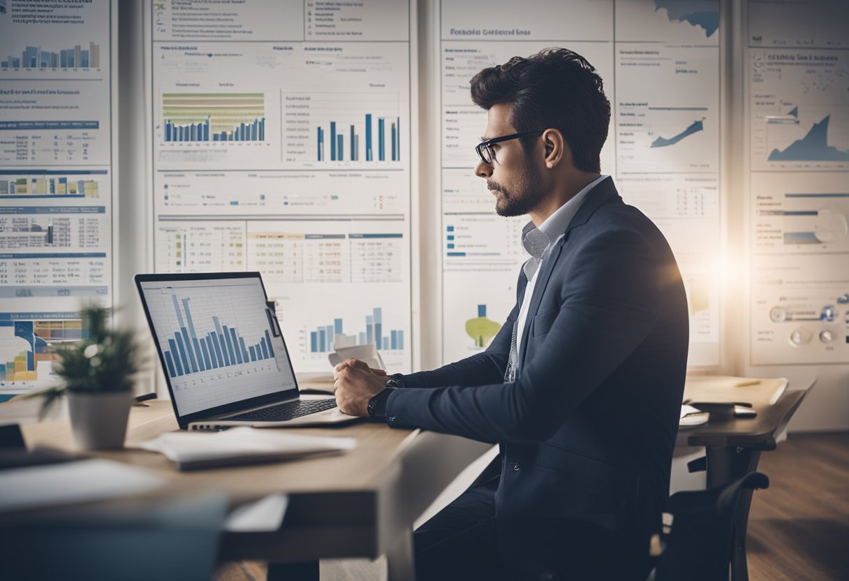 A small business owner brainstorming marketing ideas surrounded by charts and graphs