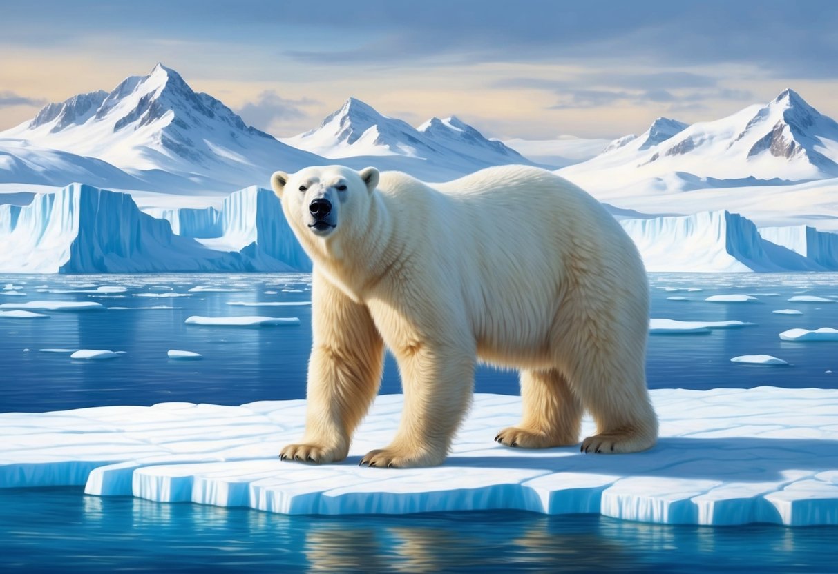 A polar bear standing on a vast expanse of ice, surrounded by snow-capped mountains and a frozen sea