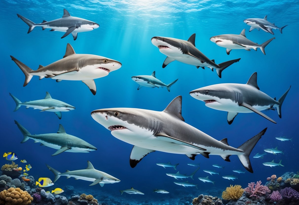 A variety of sharks swimming in different ocean habitats, from shallow coastal waters to deep open seas, with varying temperatures and levels of salinity