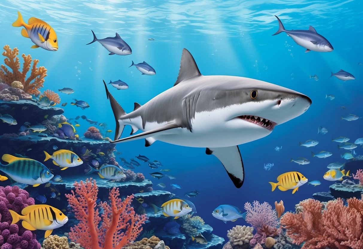 A shark swimming near a coral reef, surrounded by smaller fish and marine life