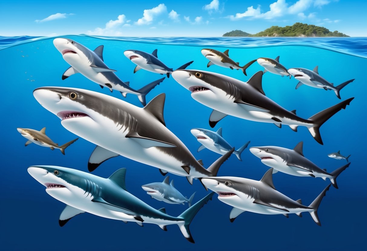 A school of sharks swimming in clear blue waters, with a diverse range of species and sizes, showcasing the longevity and health of shark populations