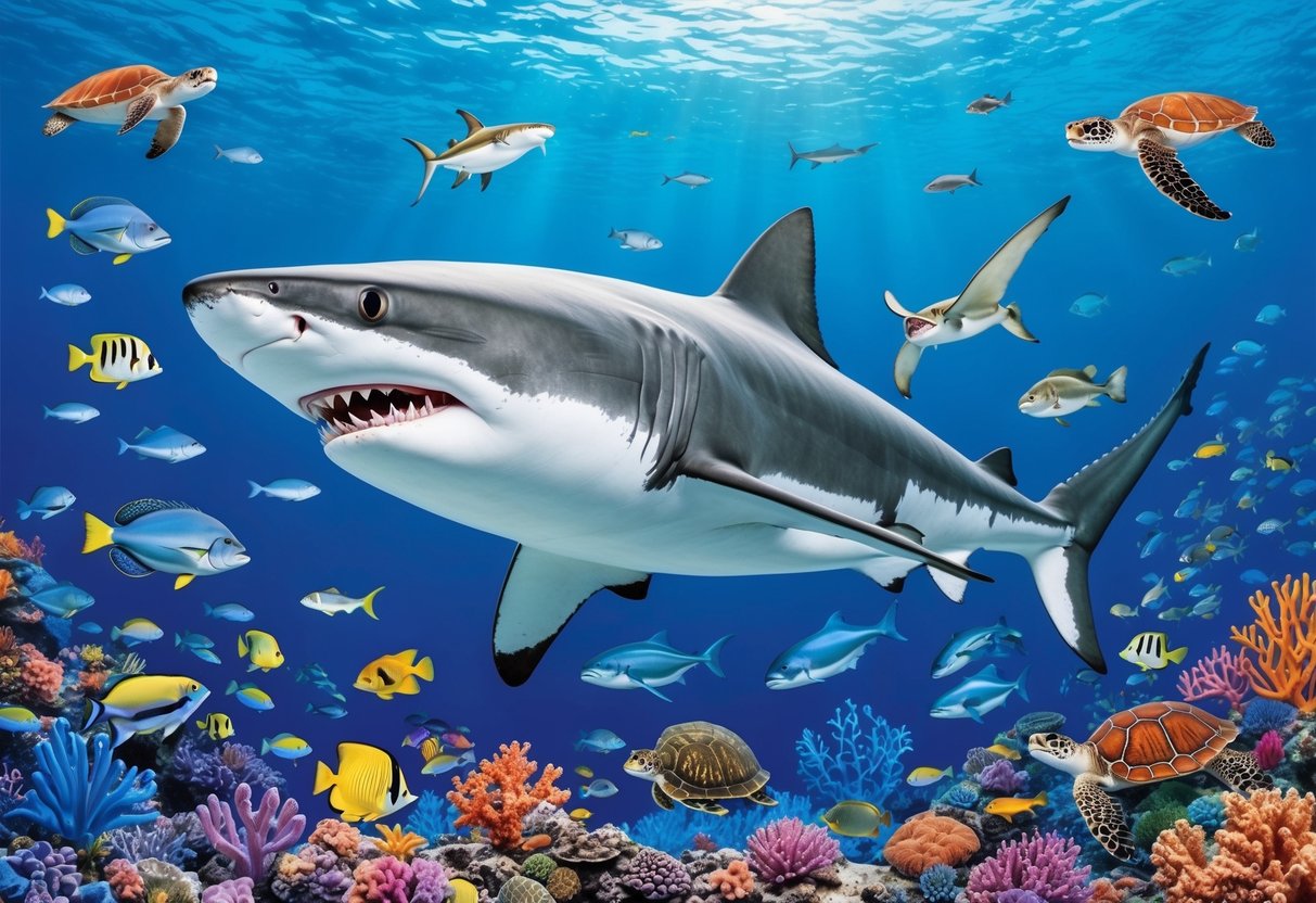 A large shark swimming among a variety of marine life, including fish, turtles, and rays, in a vibrant coral reef