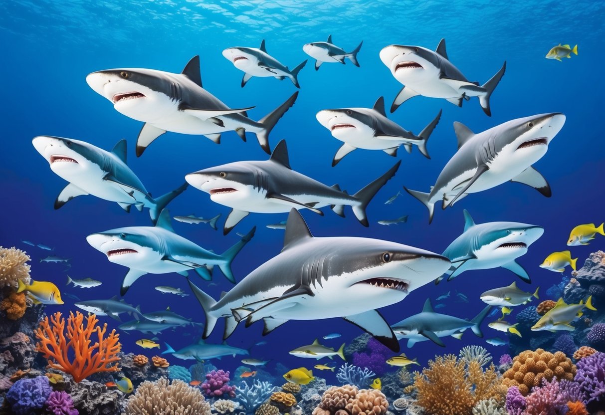 A school of sharks swimming gracefully through a vibrant coral reef, showcasing their marvelous adaptations and diversity