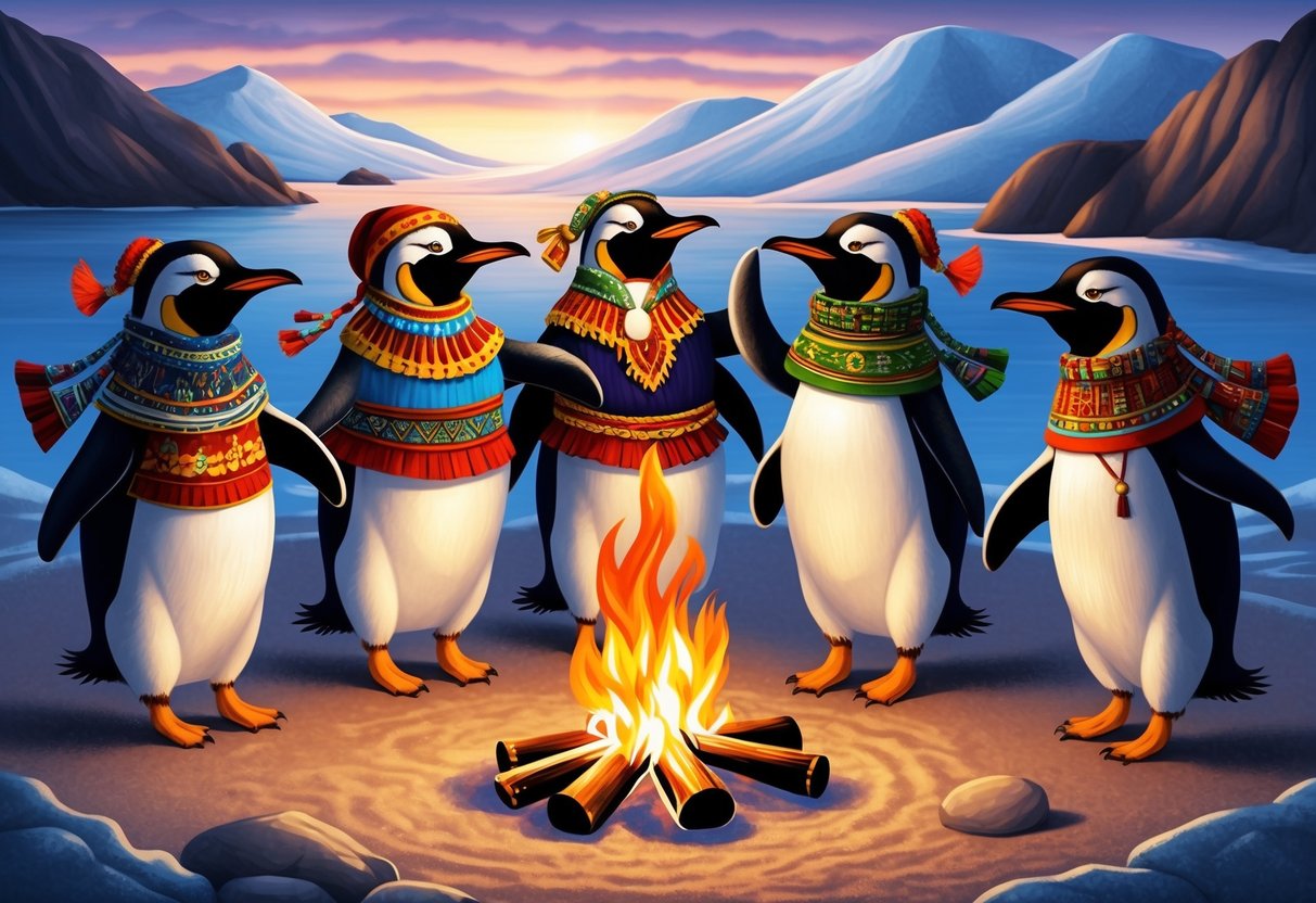 A group of penguins wearing traditional clothing and dancing around a campfire with musical instruments