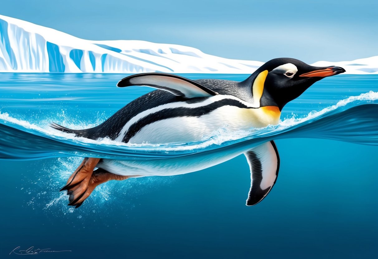 A penguin effortlessly glides through the icy waters, diving and maneuvering with precision and agility