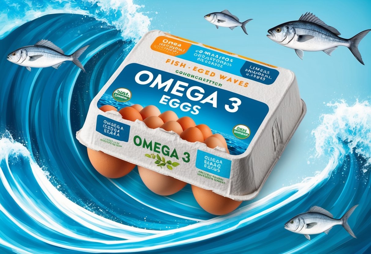 A carton of omega 3 eggs surrounded by images of fish and waves