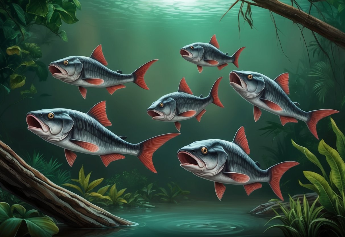 A group of piranhas swimming in murky water, surrounded by lush vegetation and fallen branches