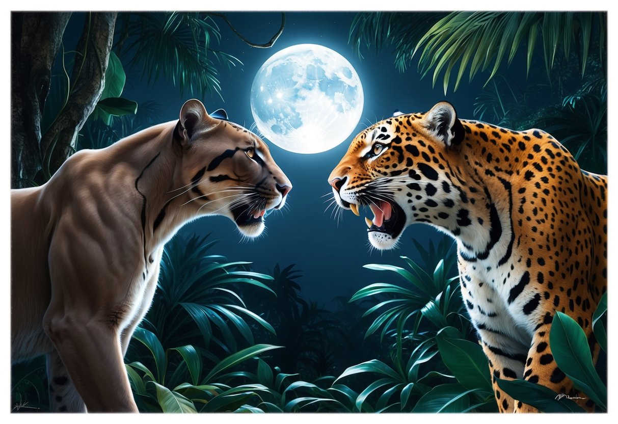 A sleek panther and a powerful jaguar face off in a dense jungle, their intense stare-down captured in the moonlit darkness