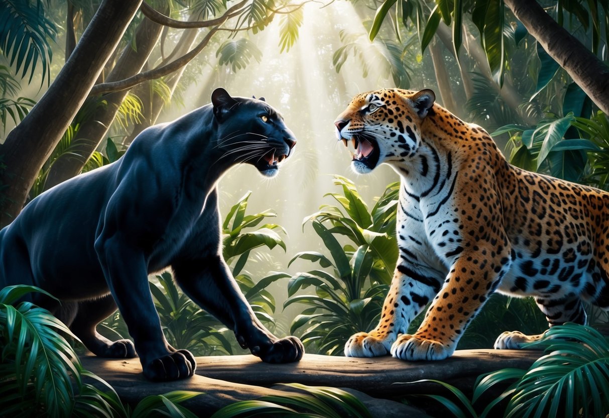 A sleek panther and a powerful jaguar face off in a dense jungle, their muscular bodies coiled and ready to strike in the dappled sunlight