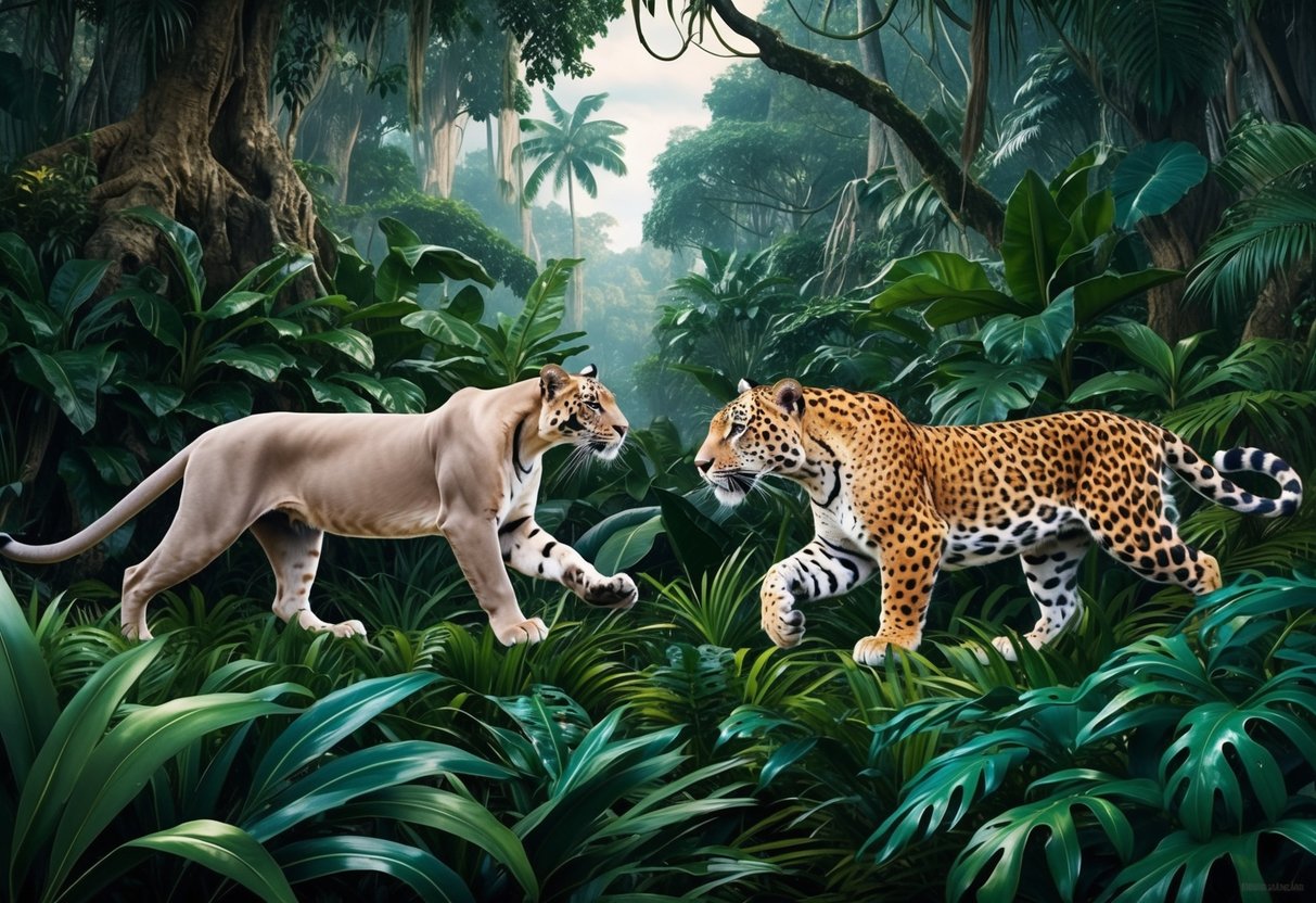 A dense, lush jungle with towering trees and thick underbrush.</p><p>A sleek panther and a powerful jaguar prowl through the foliage, their eyes fixed on each other