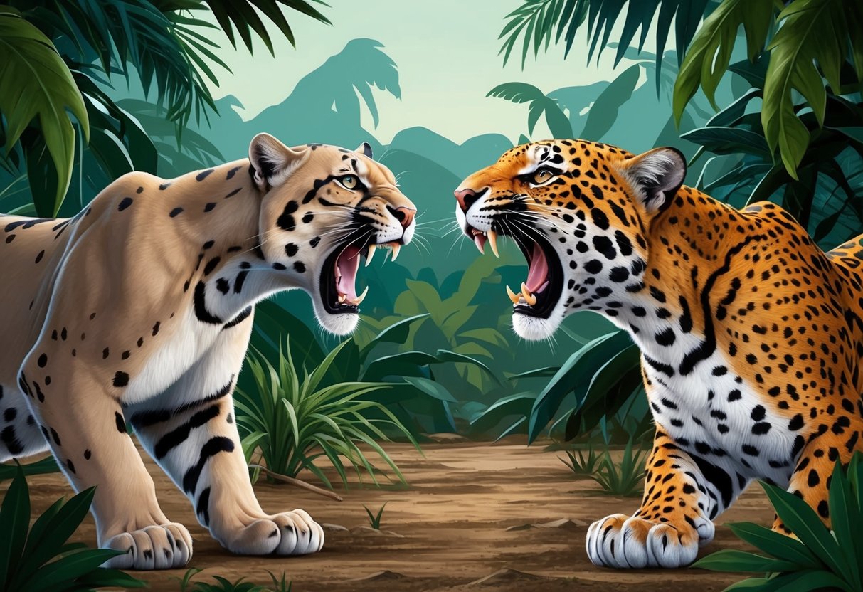 A jungle clearing, a fierce panther and jaguar face off, teeth bared, ready to fight for territory