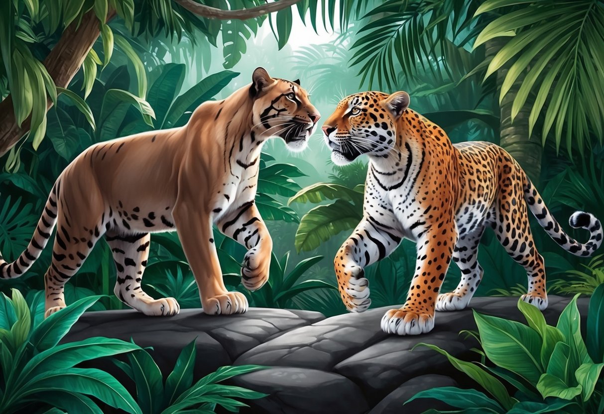 A panther and a jaguar face off in a lush jungle, showcasing their strength and agility as they roam their natural habitat