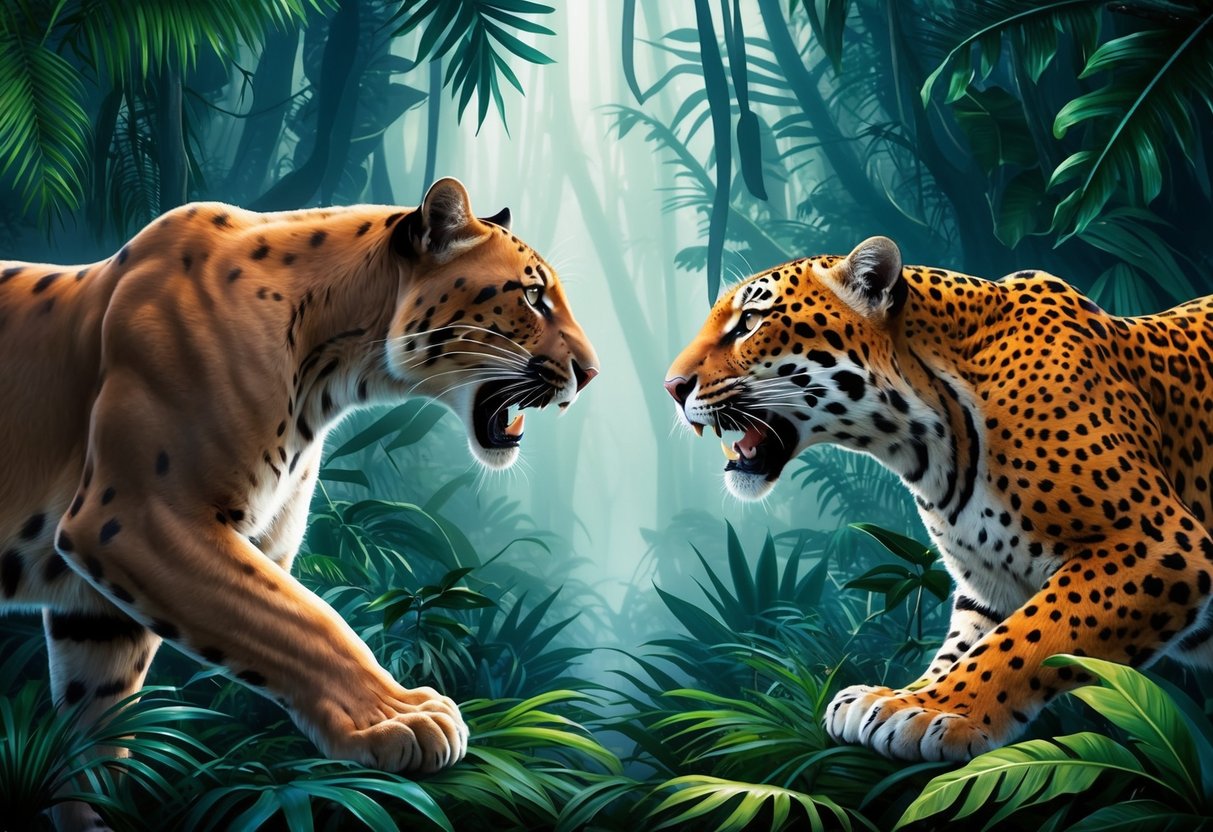 A panther and jaguar face off in a dense jungle, their powerful bodies poised for combat.</p><p>The tension is palpable as they size each other up, ready to defend their territory