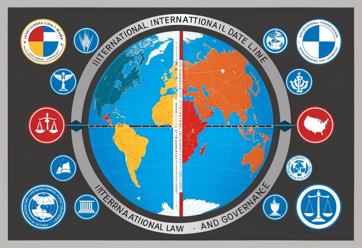 A globe split by the International Date Line, with countries on either side, surrounded by symbols of international law and governance