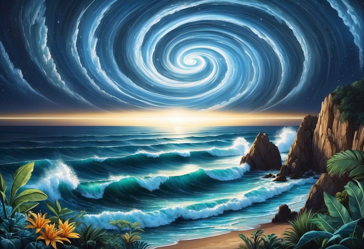 A swirling, starry sky spans the horizon, split by a glowing line.</p><p>Waves crash against jagged cliffs, while exotic flora and fauna fill the foreground