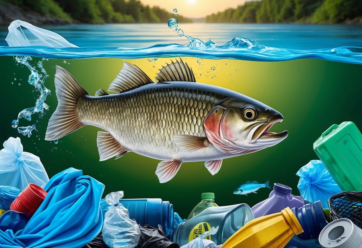 A fish trapped in a polluted river, surrounded by plastic waste and contaminated water