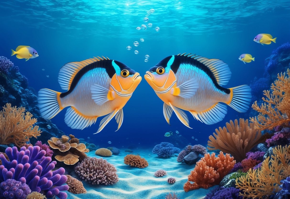 Two rare fish engage in a delicate courtship dance, surrounded by vibrant coral and crystal-clear waters