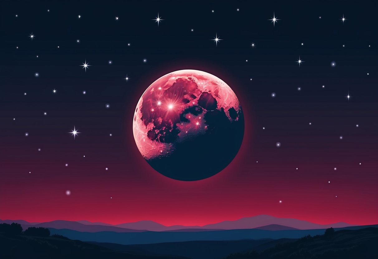 A deep red moon hangs low in the night sky, casting an eerie glow over the landscape.</p><p>The stars twinkle brightly against the crimson backdrop