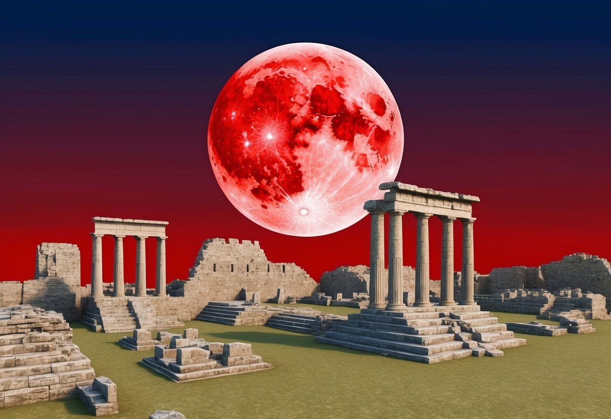 The red moon rises over ancient ruins, symbolizing cultural significance