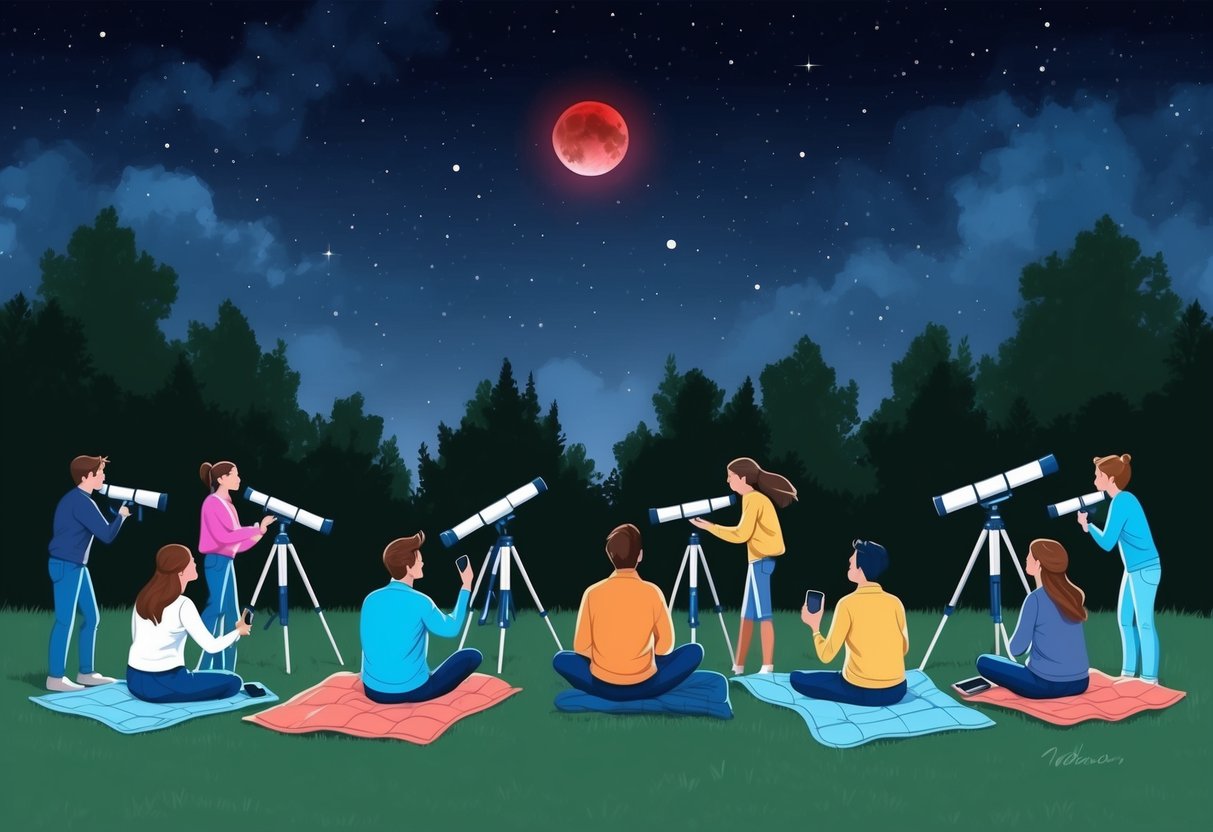 A group of people setting up telescopes and blankets under a dark, starry sky, eagerly awaiting the red moon of the 2024 lunar eclipse